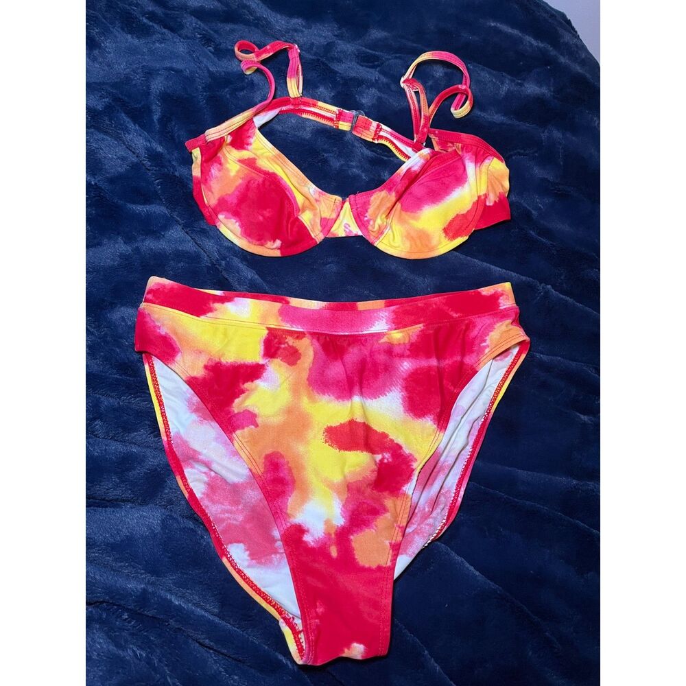 Sun Streak Tie Dye Bikini Set Size 14 Pink Yellow Underwire Swimwear